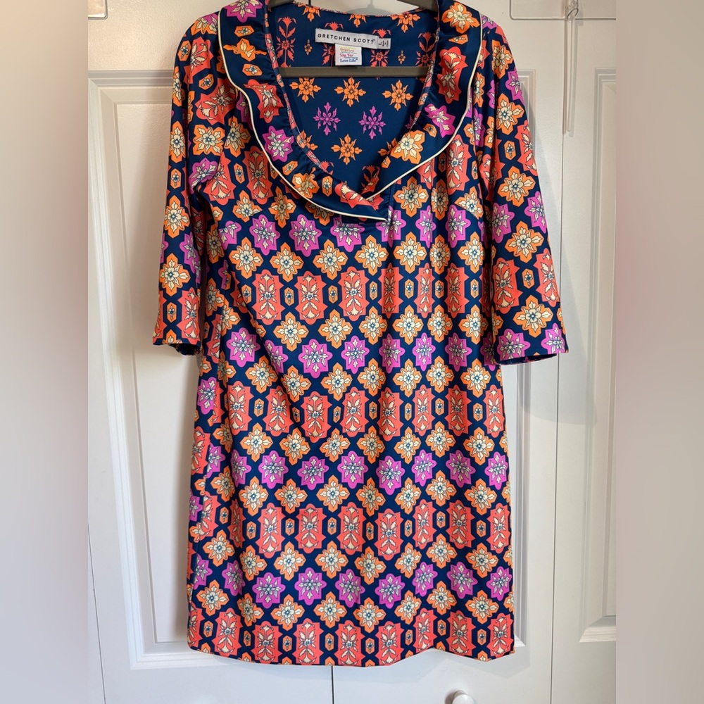 Gretchen Scott Blue Pink Haveli Ruffle RuffNeck Dress  - Women’s Large